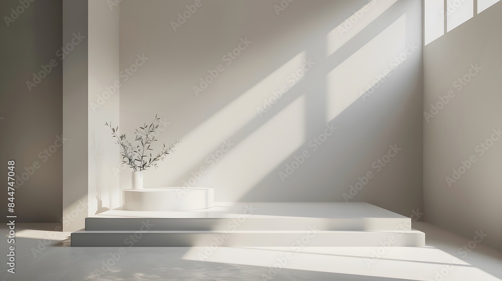 Fototapeta premium Minimalist Interior with Sunlight and Shadows Featuring a White Vase with Greenery on a White Platform in a Modern, Neutral-Toned Room