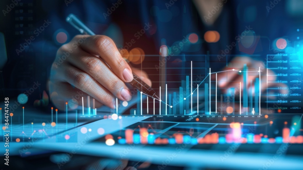 analysis working with the latest financial results. Analysis of sales forecast graphs, financial accounting with hand writing Abstract digital effect for background analysis working with the latest financial results. Analysis of sales forecast graphs, financial accounting with hand writing Abstract digital effect for background