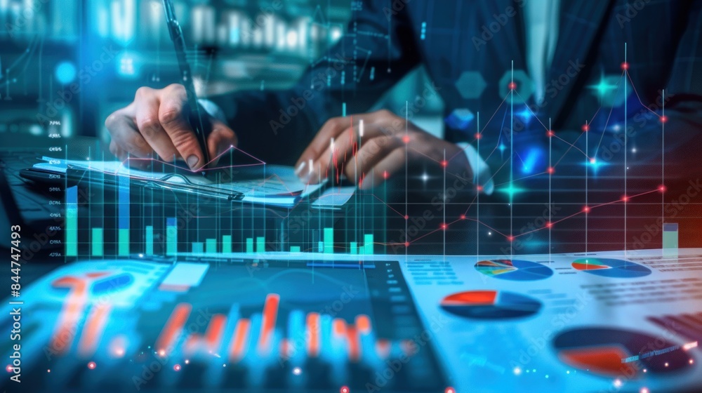 analysis working with the latest financial results. Analysis of sales forecast graphs, financial accounting with hand writing Abstract digital effect for background analysis working with the latest financial results. Analysis of sales forecast graphs, financial accounting with hand writing Abstract digital effect for background