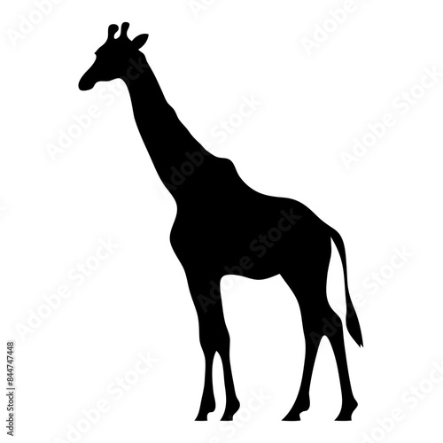 A silhouette of a giraffe standing against a plain white background