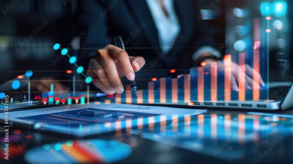 analysis working with the latest financial results. Analysis of sales forecast graphs, financial accounting with hand writing Abstract digital effect for background analysis working with the latest financial results. Analysis of sales forecast graphs, financial accounting with hand writing Abstract digital effect for background