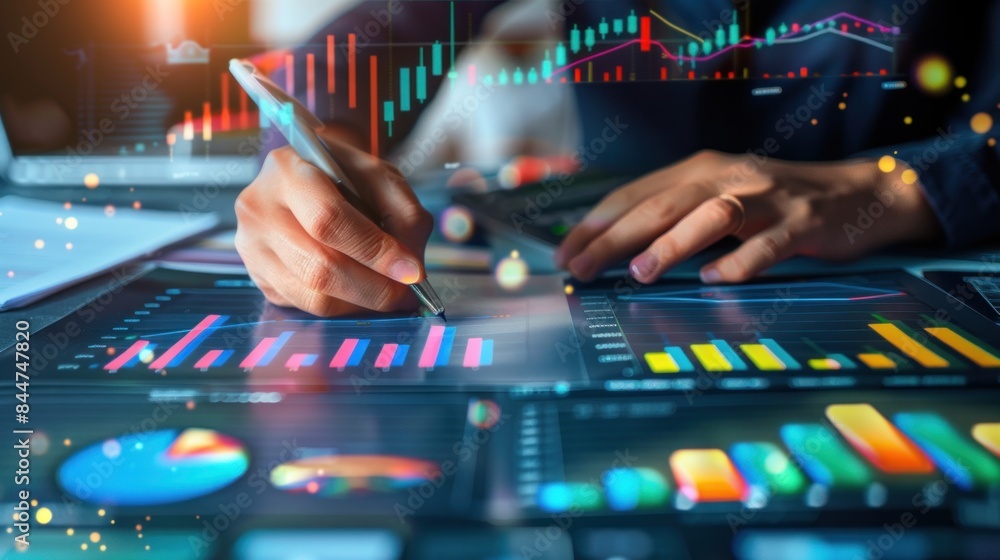 analysis working with the latest financial results. Analysis of sales forecast graphs, financial accounting with hand writing Abstract digital effect for background analysis working with the latest financial results. Analysis of sales forecast graphs, financial accounting with hand writing Abstract digital effect for background