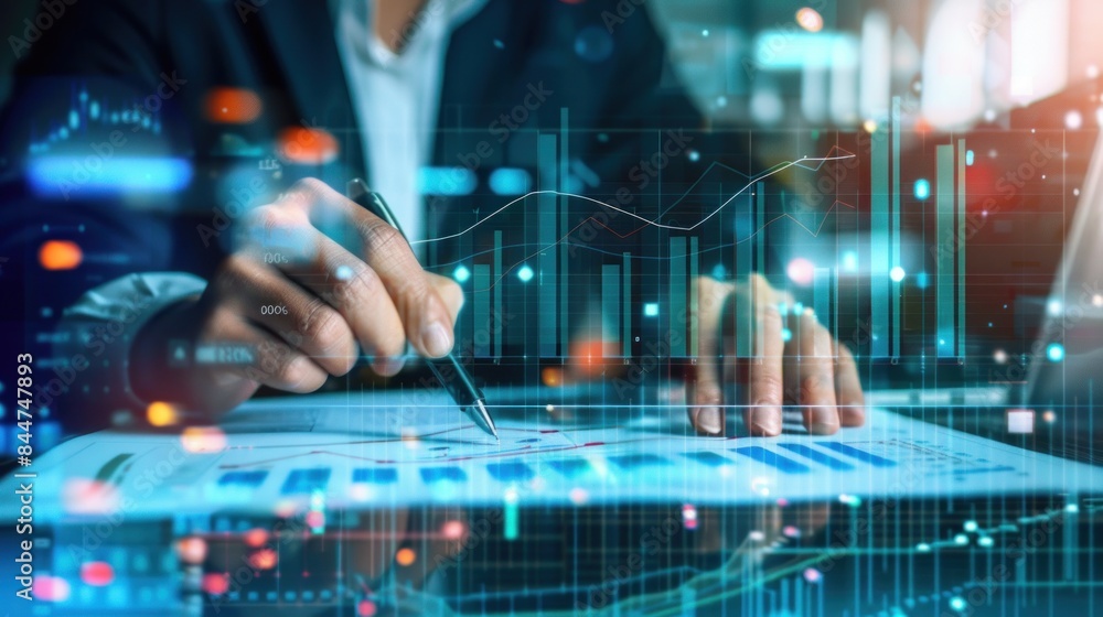 analysis working with the latest financial results. Analysis of sales forecast graphs, financial accounting with hand writing Abstract digital effect for background analysis working with the latest financial results. Analysis of sales forecast graphs, financial accounting with hand writing Abstract digital effect for background