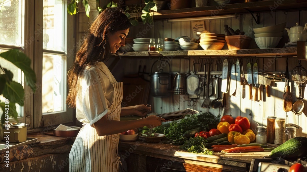 Woman cooking in a rustic kitchen with fresh vegetables and herbs, surrounded by sunlight. Woman cooking in a rustic kitchen with fresh vegetables and herbs, surrounded by sunlight.