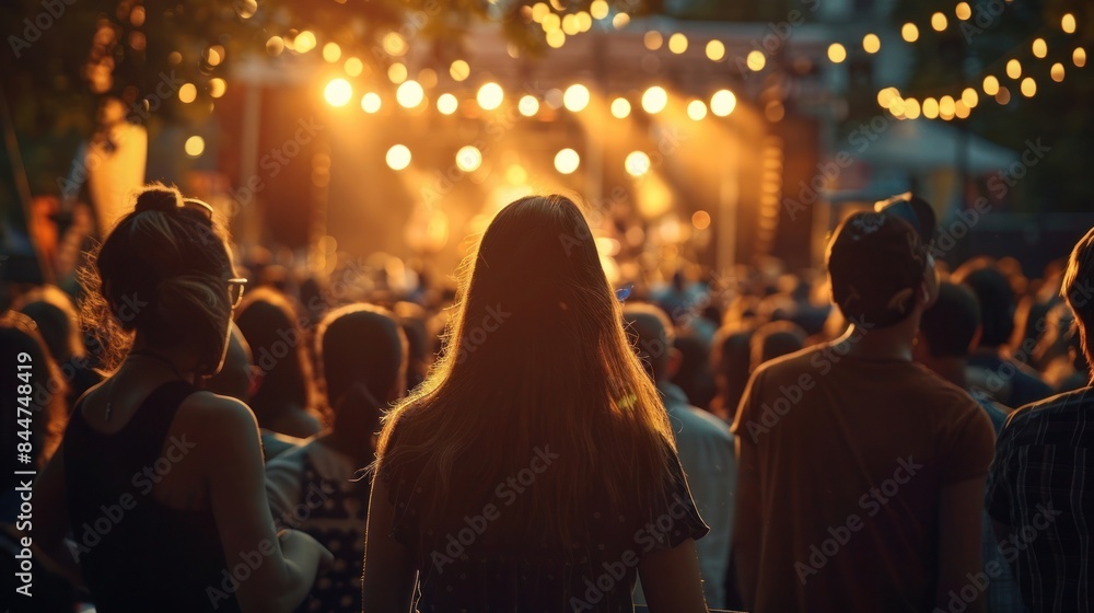 Crowd enjoys outdoor music concert at sunset with warm lights creating a festive atmosphere Crowd enjoys outdoor music concert at sunset with warm lights creating a festive atmosphere