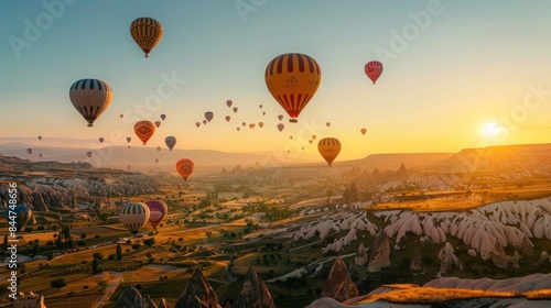 Hot air balloons flying during sunrise over a vast landscape of mountains and valleys