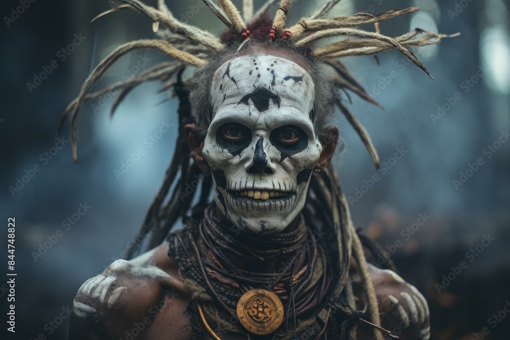 Intense portrait of a person with skull face paint and tribal attire surrounded by fog Intense portrait of a person with skull face paint and tribal attire surrounded by fog