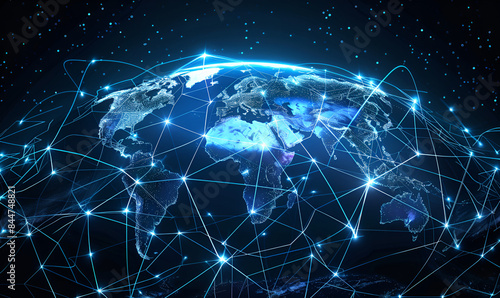 Abstract global network concept with planet Earth and connecting lines in space against a blue night sky background. Earth surrounded by a network of connecting lines.