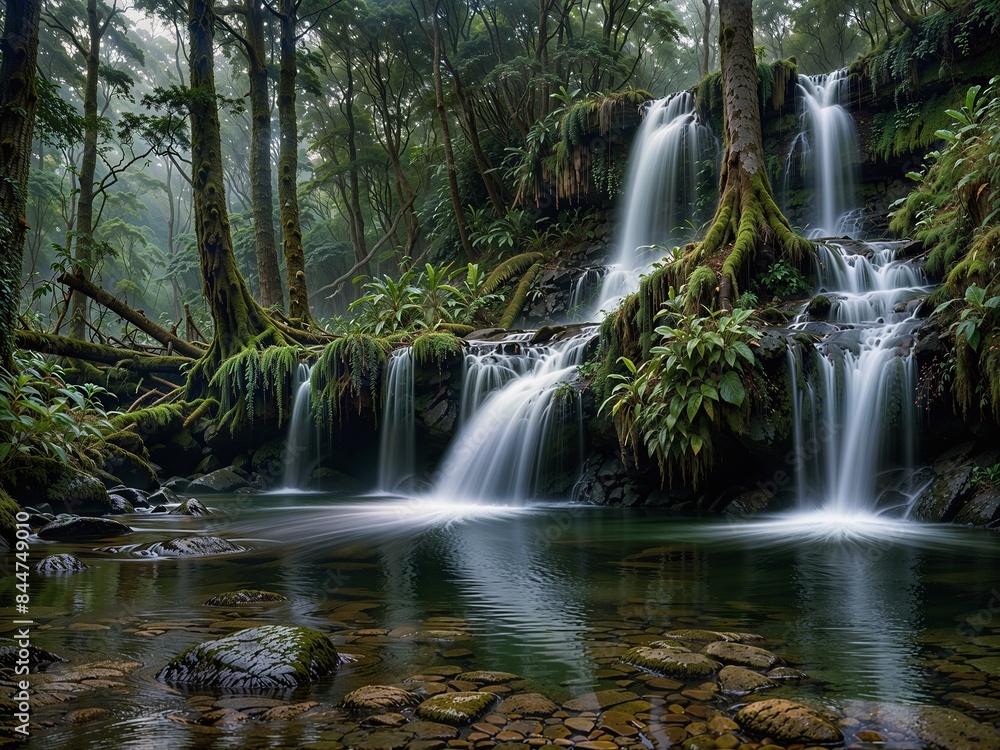 Tranquil natural waterfall situated in a lush forest with morning mist cascades over rocky cliff creating a pool of water at the forest floor that resembles a natural swimming pool Tranquil natural waterfall situated in a lush forest with morning mist cascades over rocky cliff creating a pool of water at the forest floor that resembles a natural swimming pool
