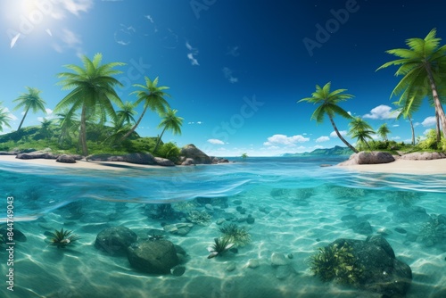 Stunning view of a serene tropical island with vivid blue skies and clear underwater scenery
