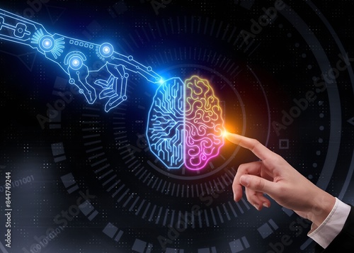  Machine learning, Chatbot, Hands of robot and human Data exchange on abstract cube network connection