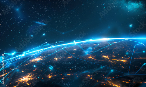 The Earth at night showing the major cities and the connections between them. Digital illustration showing the internet connection on Earth from space at night.