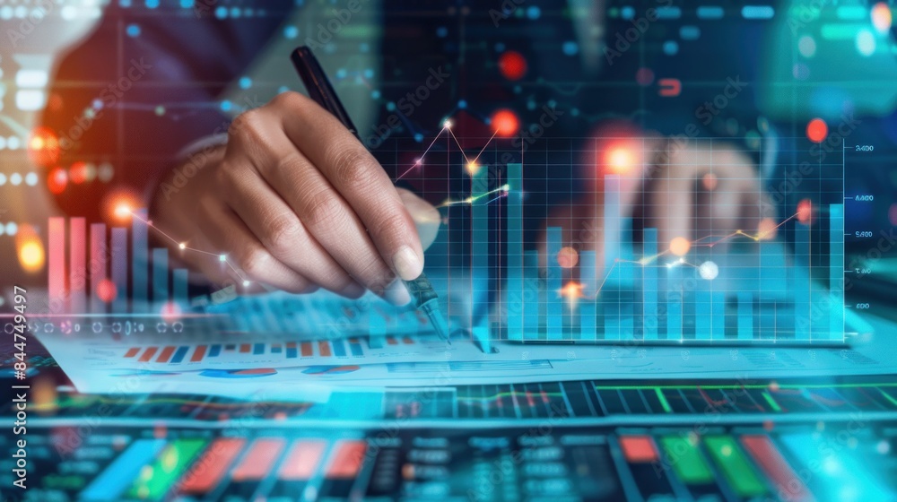analysis working with the latest financial results. Analysis of sales forecast graphs, financial accounting with hand writing Abstract digital effect for background analysis working with the latest financial results. Analysis of sales forecast graphs, financial accounting with hand writing Abstract digital effect for background