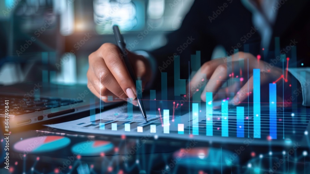 analysis working with the latest financial results. Analysis of sales forecast graphs, financial accounting with hand writing Abstract digital effect for background analysis working with the latest financial results. Analysis of sales forecast graphs, financial accounting with hand writing Abstract digital effect for background