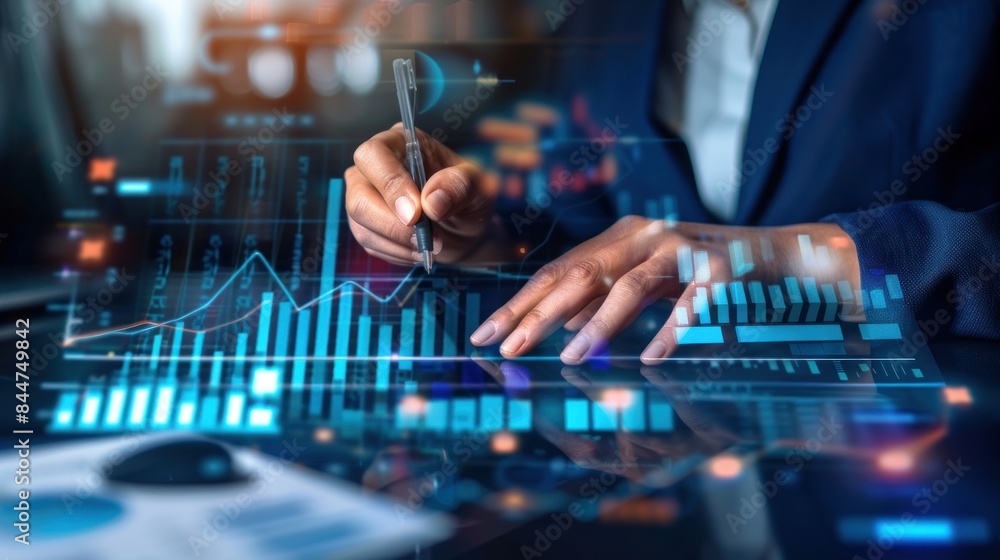 analysis working with the latest financial results. Analysis of sales forecast graphs, financial accounting with hand writing Abstract digital effect for background analysis working with the latest financial results. Analysis of sales forecast graphs, financial accounting with hand writing Abstract digital effect for background
