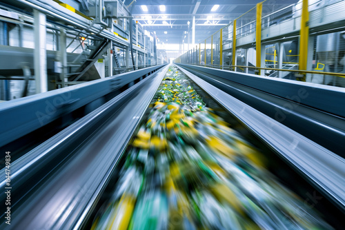 Efficient Waste Sorting System: Conveyor Belt Transporting Refuse-Derived Fuel (RDF) in Recycling Facility with Motion Blur Effect for Renewable Energy Production photo