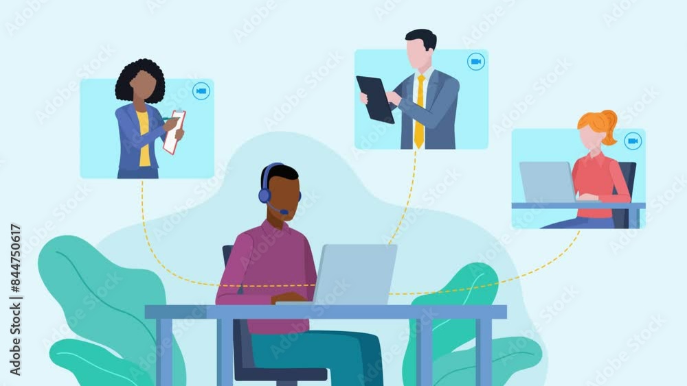 Flat style animation of an employee meeting. One of the employees sits at the desk, the rest connect online. Some employees take notes of the meeting and write down something on a tablet or computer Flat style animation of an employee meeting. One of the employees sits at the desk, the rest connect online. Some employees take notes of the meeting and write down something on a tablet or computer