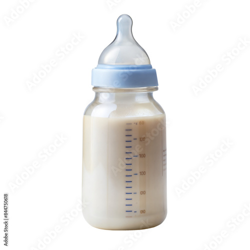 Baby bottle filled with milk on transparent background