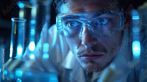 Wallpaper Mural A researcher wearing a lab coat and safety goggles working with test tubes in a laboratory, blue lighting, focused expression

 Torontodigital.ca