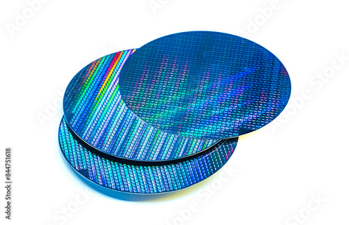 Silicon wafer with chips isolated on white background photo