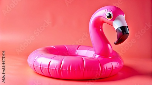 Inflatable pink flamingo pool toy on pink background. Creative minimal concept. 