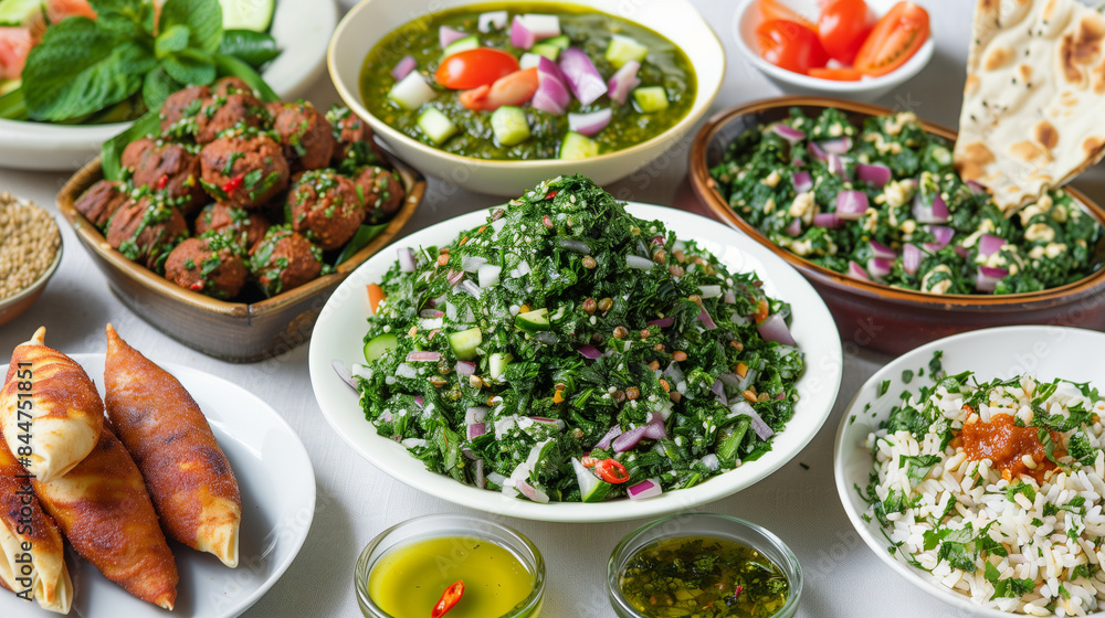 A table full of food with a variety of dishes including salads, rice, and bread A table full of food with a variety of dishes including salads, rice, and bread