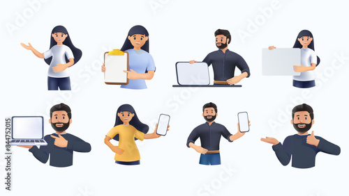 Happy people pointing at smth with fingers and hands, showing and introducing product with hand gesture, 3D illustration. Presenters set presenting sth with devices. 3D vector illustrations