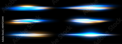 Neon trails High speed effect motion blur night lights blue and orange. Futuristic neon light line trails. bright sparkling background. Purple glowing wave swirl, impulse lines. Long time exposure