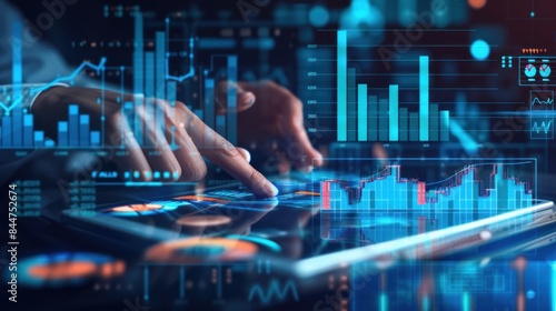analysis working with the latest financial results. Analysis of sales forecast graphs, financial accounting with hand writing Abstract digital effect for background
