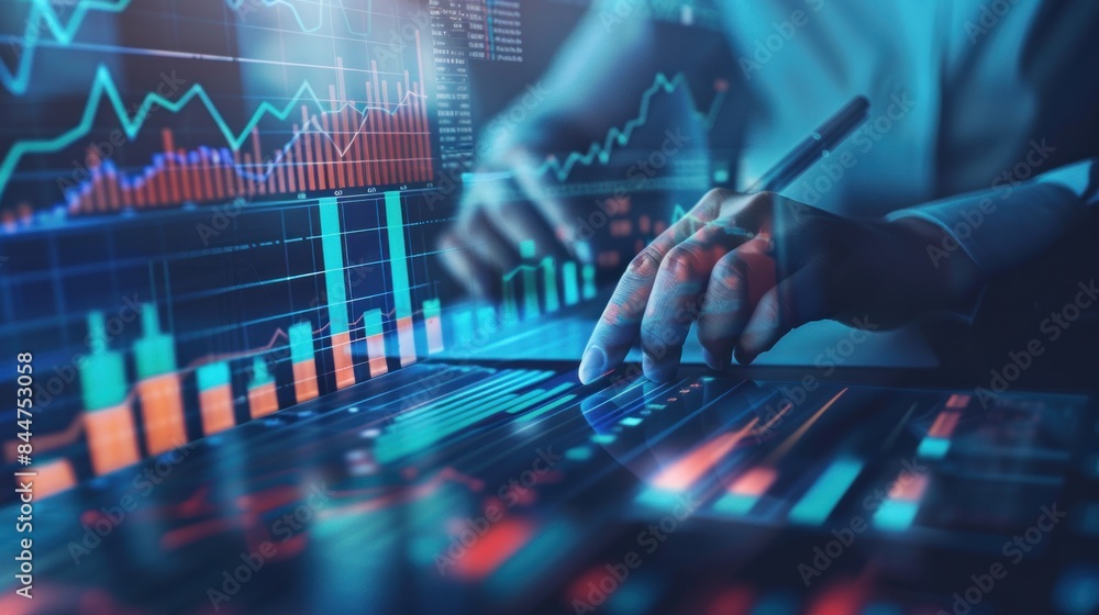 analysis working with the latest financial results. Analysis of sales forecast graphs, financial accounting with hand writing Abstract digital effect for background analysis working with the latest financial results. Analysis of sales forecast graphs, financial accounting with hand writing Abstract digital effect for background