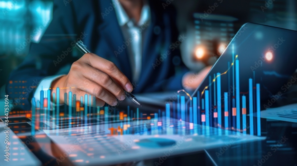 analysis working with the latest financial results. Analysis of sales forecast graphs, financial accounting with hand writing Abstract digital effect for background analysis working with the latest financial results. Analysis of sales forecast graphs, financial accounting with hand writing Abstract digital effect for background