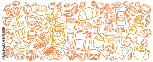 Breakfast hand drawn ingredients vector set. Crunches. Morning meal menu design. Collection of dishes for breakfast and brunch. Sketch. Fresh vegetables, cheese, scrambled eggs, bacon, coffee.