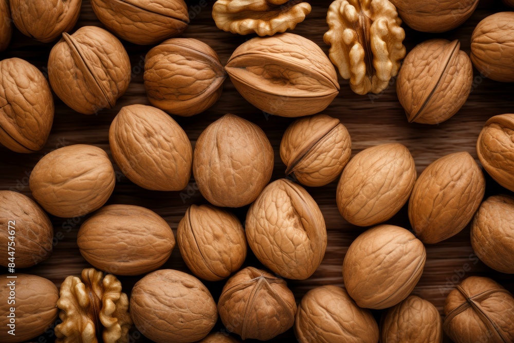 Top view of a collection of whole and cracked walnuts on a rustic wood surface Top view of a collection of whole and cracked walnuts on a rustic wood surface