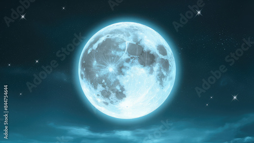 a full light blue moon in the night sky lots of shiny silver stars