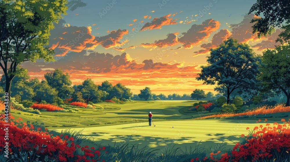 Illustration of a Serene scene of a golfer taking a swing on a lush green course. Illustration of a Serene scene of a golfer taking a swing on a lush green course.