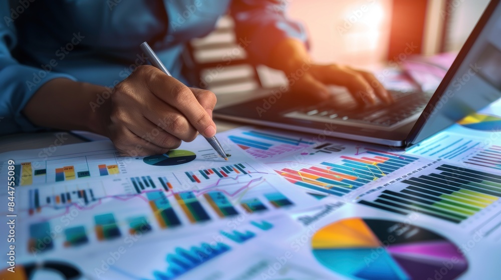 analysis working with the latest financial results. Analysis of sales forecast graphs, financial accounting with hand writing Abstract digital effect for background analysis working with the latest financial results. Analysis of sales forecast graphs, financial accounting with hand writing Abstract digital effect for background