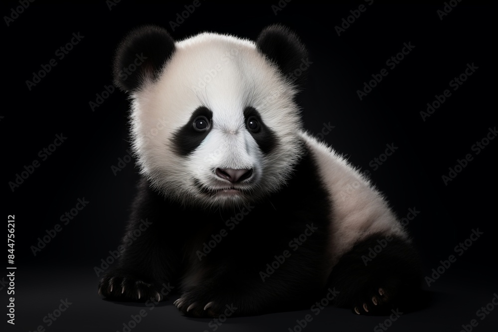 Fototapeta premium Panda baby portrait, dark background, detailed photorealism