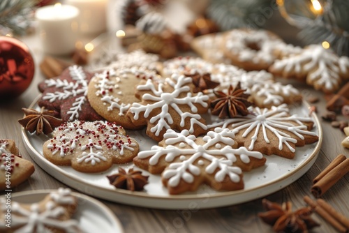 Homemade Christmas cookies with icing on a white plate, on a wooden table, sweet holiday dessert.