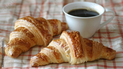 French breakfast with a cup of coffee and fresh croissants on the shelf. generative ai