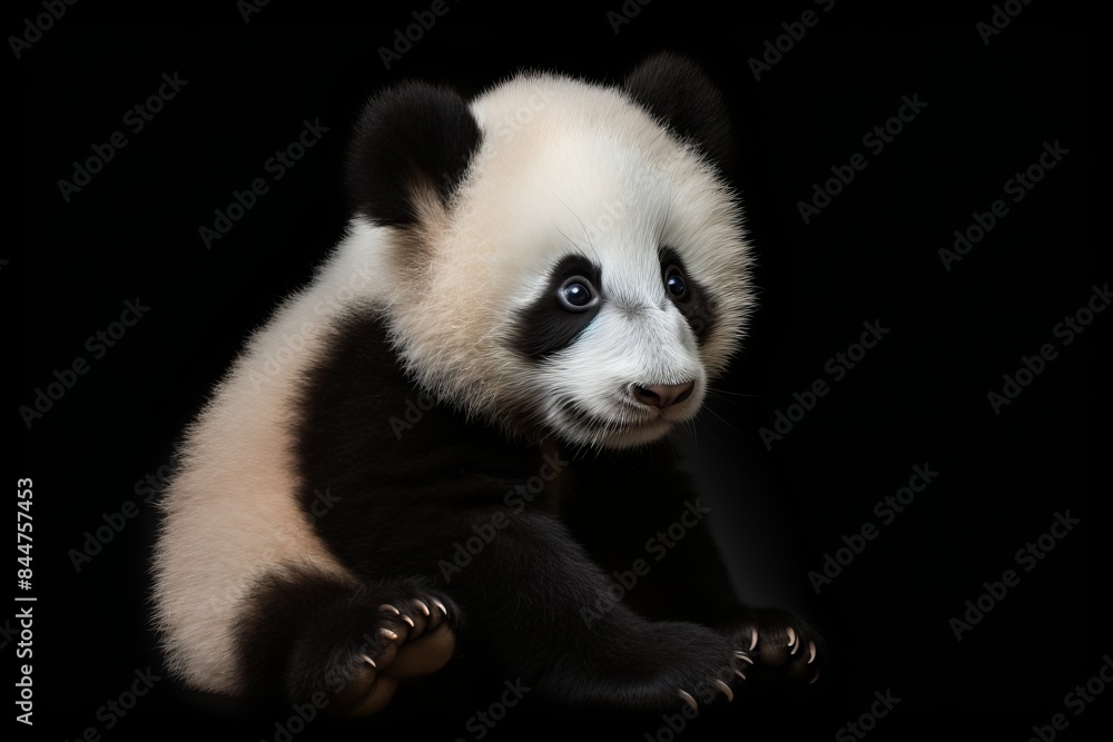 Fototapeta premium Panda baby portrait, dark background, detailed photorealism