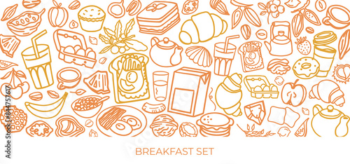 Breakfast hand drawn ingredients vector set. Crunches. Morning meal menu design. Collection of dishes for breakfast and brunch. Sketch. Fresh vegetables, cheese, scrambled eggs, bacon, coffee.
