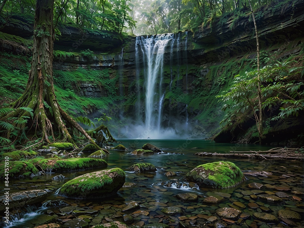 Naklejka premium Tranquil natural waterfall situated in a lush forest with morning mist cascades over rocky cliff creating a pool of water at the forest floor that resembles a natural swimming pool