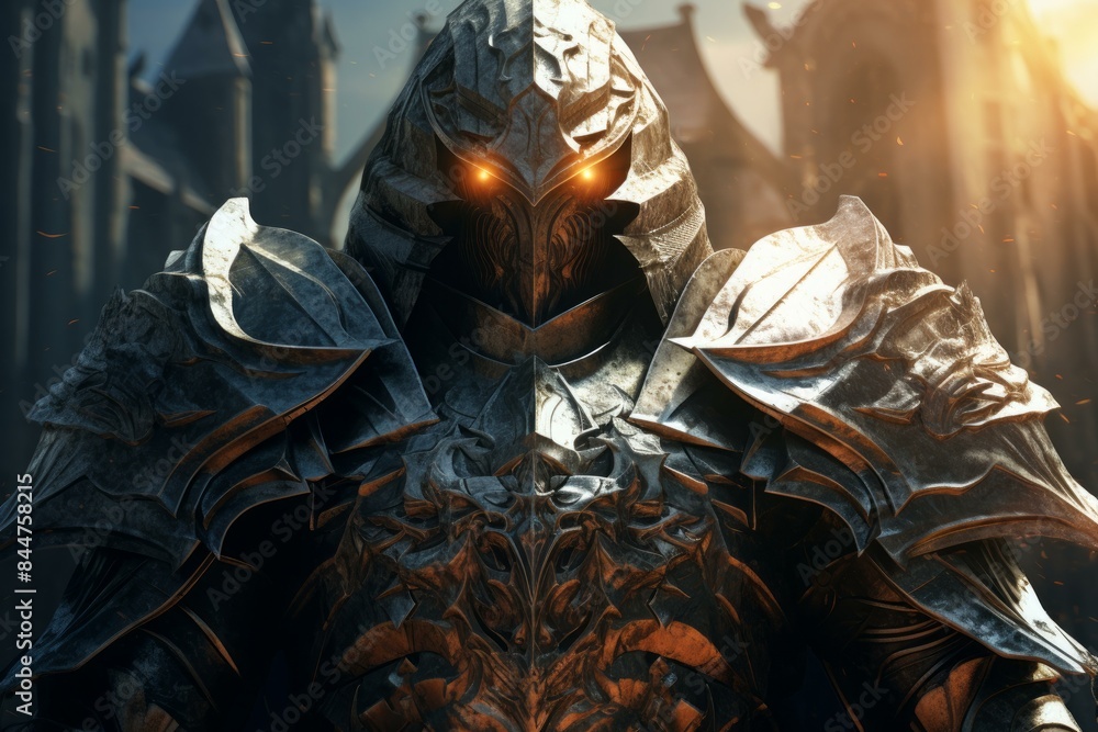 Digital artwork of a detailed epic fantasy armor warrior with glowing eyes, ready for battle in a dramatic and mystical medieval world Digital artwork of a detailed epic fantasy armor warrior with glowing eyes, ready for battle in a dramatic and mystical medieval world