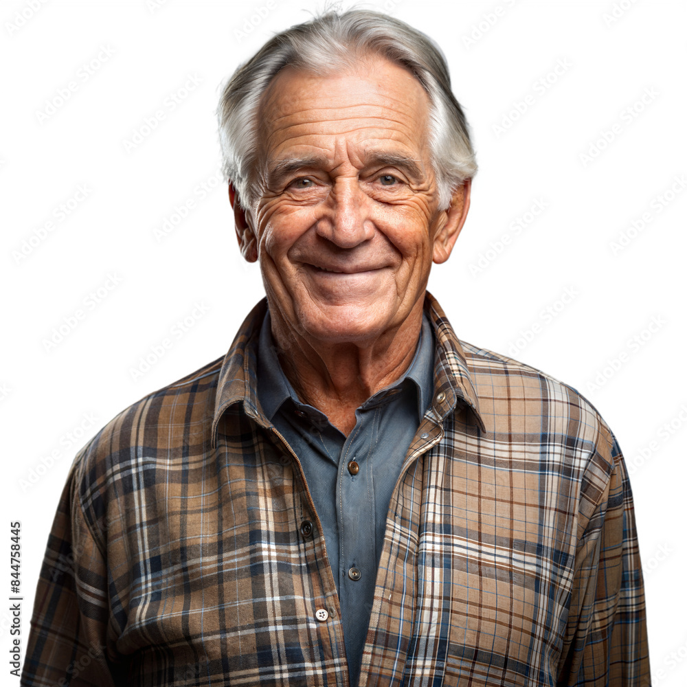 Smiling elderly man in plaid shirt on transparent background Smiling elderly man in plaid shirt on transparent background