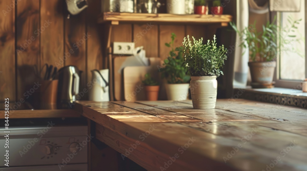 Side angle, showing the table in relation to the kitchen items. generative ai Side angle, showing the table in relation to the kitchen items. generative ai