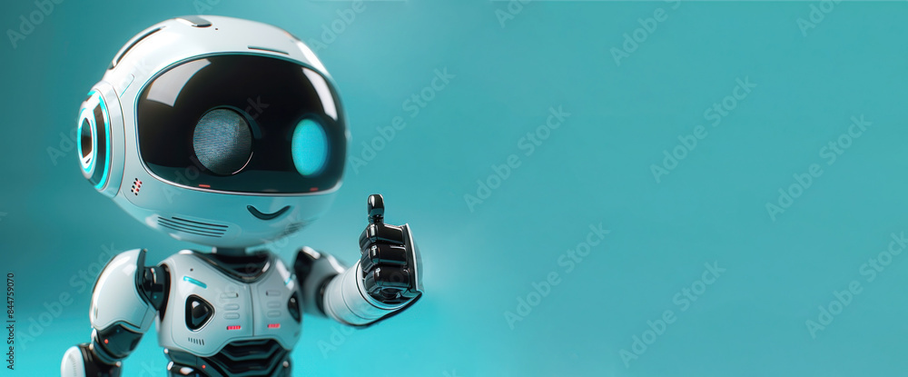 Cute smiling robot showing a thumbs up in a positive gesture Cute smiling robot showing a thumbs up in a positive gesture
