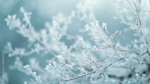 Delicate and detailed close up of a snow-covered branch against a blurred background.