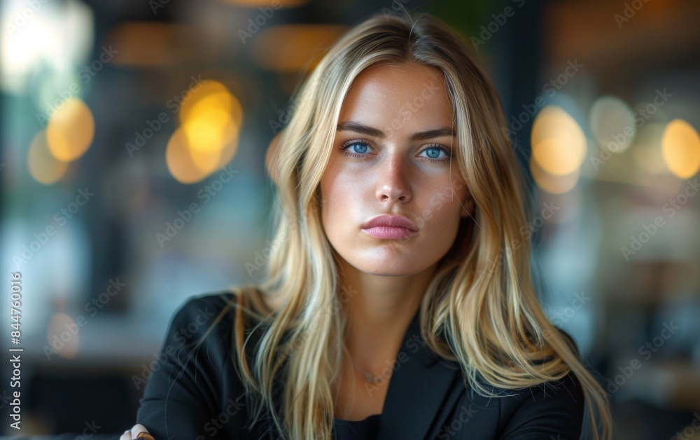 Obraz premium A woman with blonde hair and blue eyes is sitting at a table in a restaurant. She is wearing a black jacket and a black shirt