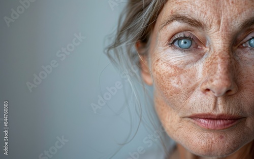 A woman with blue eyes and grey hair. She has a red spot on her nose. She looks tired and sad