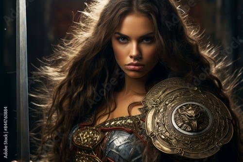 Fierce female warrior poses with a sword and ornate shield, evoking strength and fantasy photo